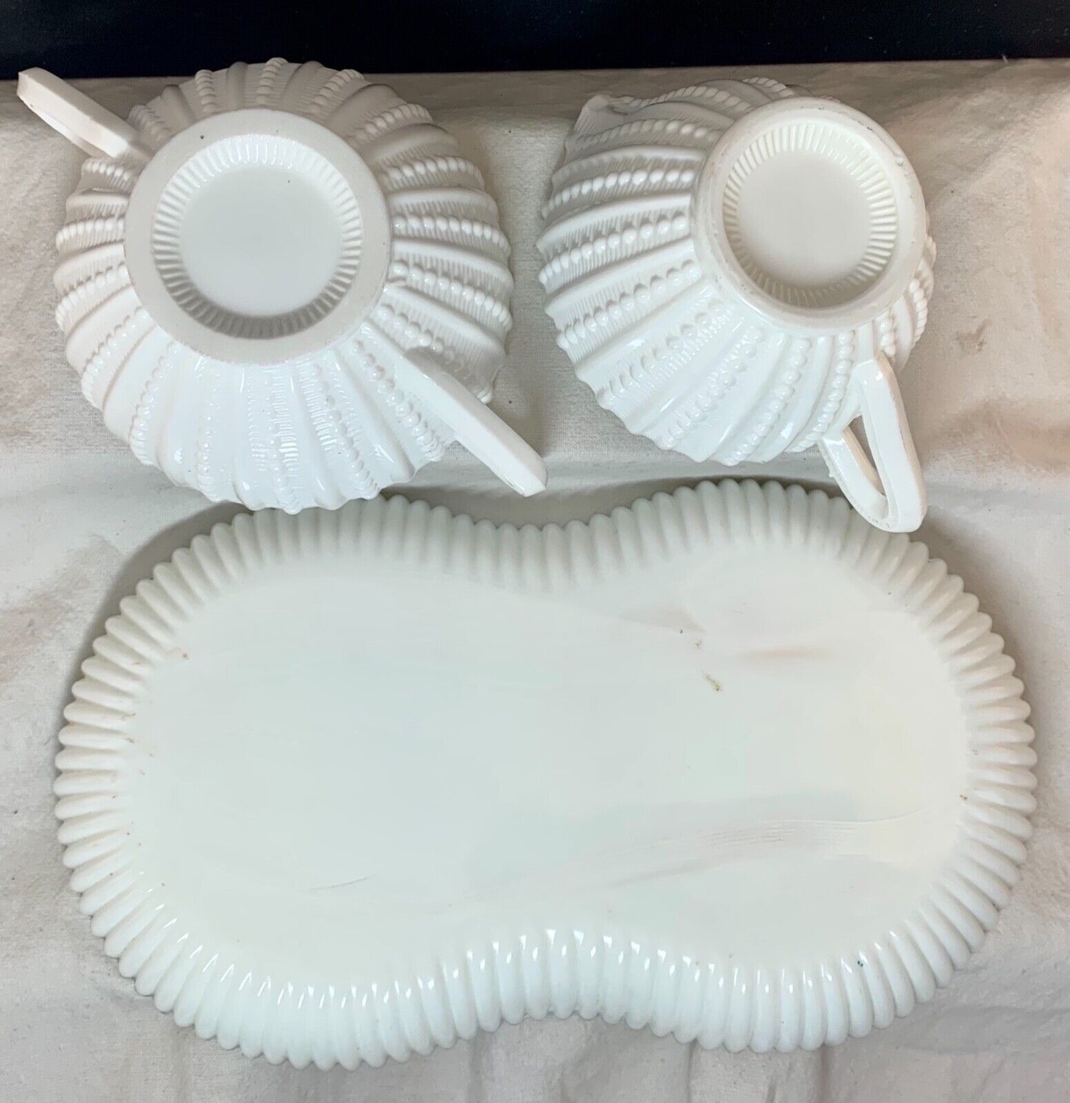 Vintage textured Milk glass sugar  creamer set with under-plate 20cm wide