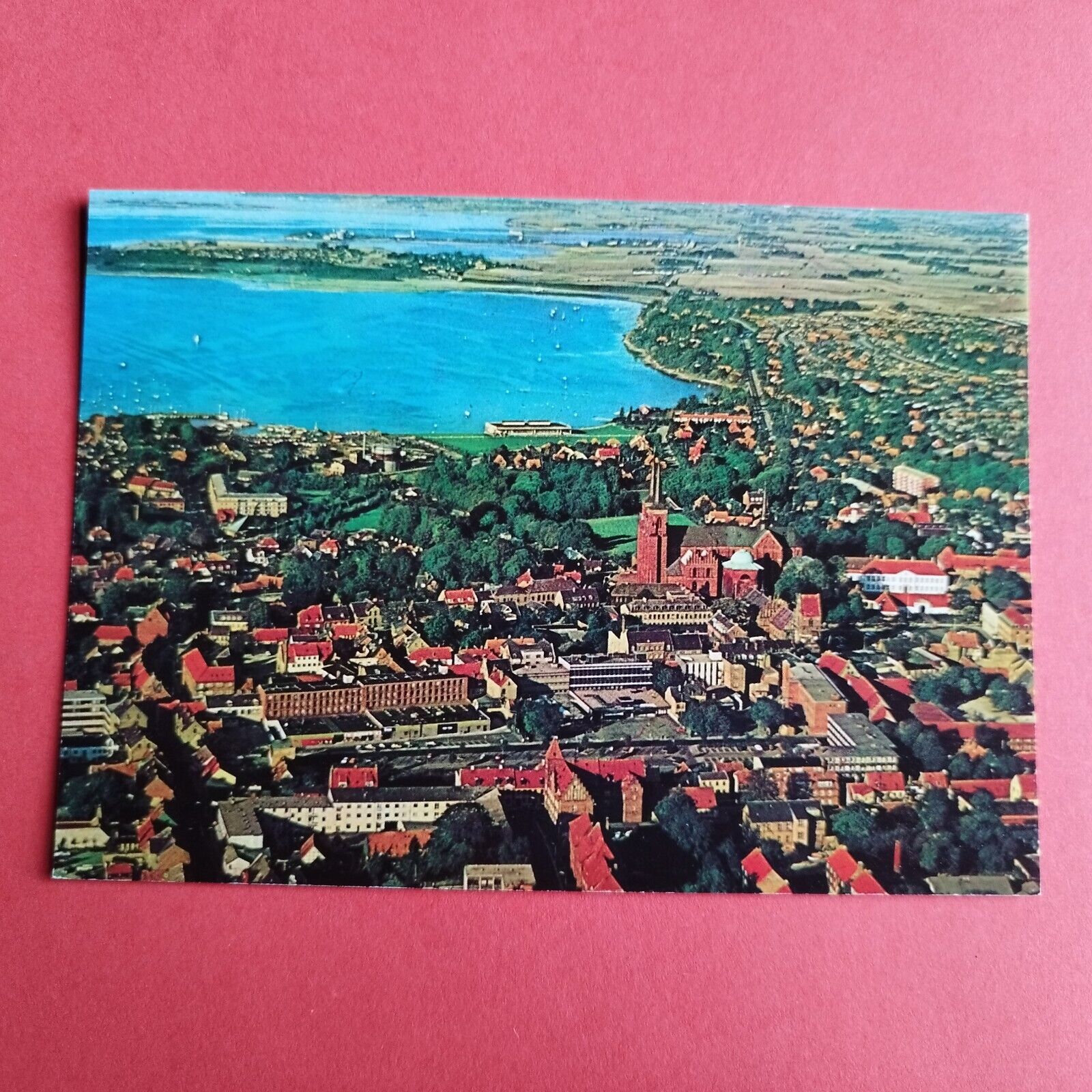 Denmark.Aerial view of Roskilde with the Cathedral and the Viking Ship Museum.