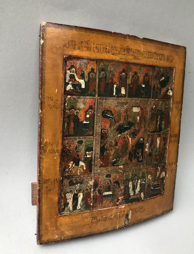 Rare Icon Resurrection and the 12 Great Feasts Hand painted 1780 With COA