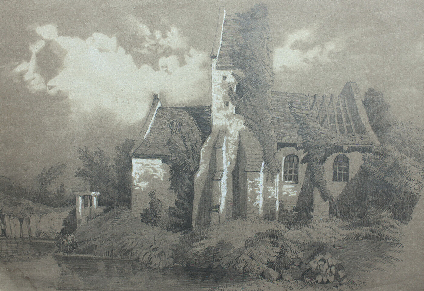 French school drawing Medieval church ruin by a lake c1850