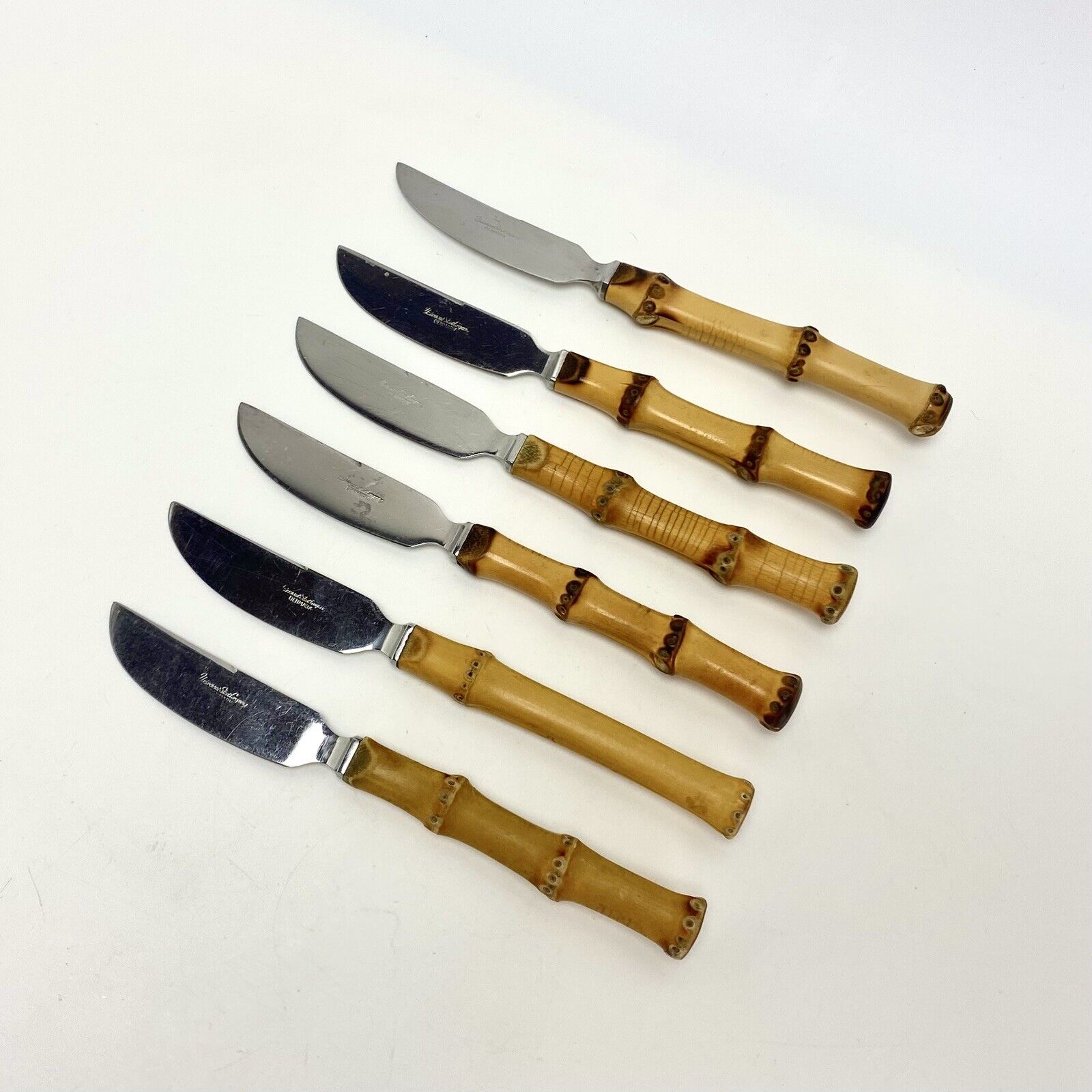 6 Vtg MCM Kay Bojesen Bamboo Fruit Knives Stainless Universal Steel Company USC