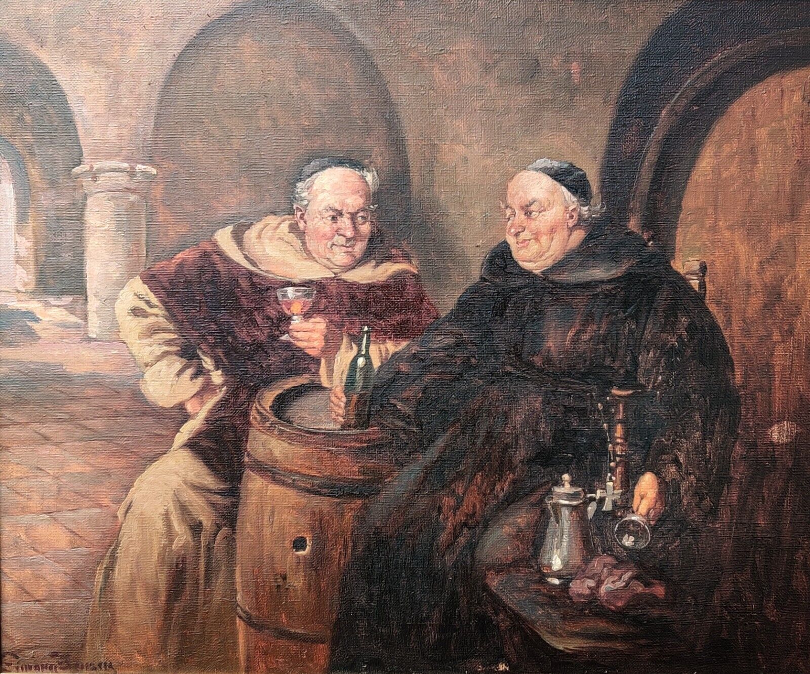 Oluf Simony Jensen (1864-1923): WINE-DRINKING MONKS original oil