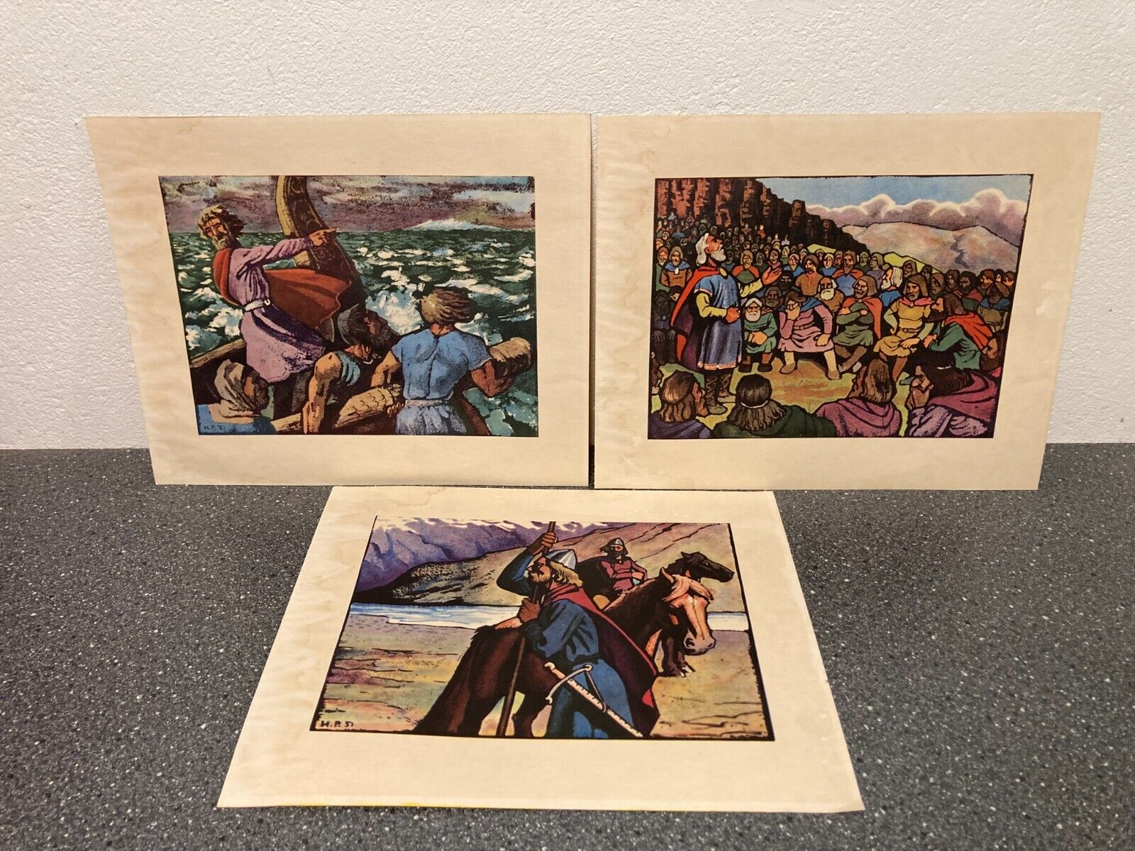 Lot 3x Signed "HP 51" Illustrations Vikings Scenes Color Drawings Prints 34x28cm