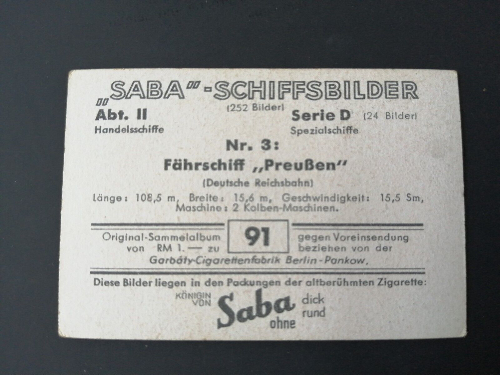 German SABA tobacco ship trading card 1931-33No 91 "Preussen" Fährschiff