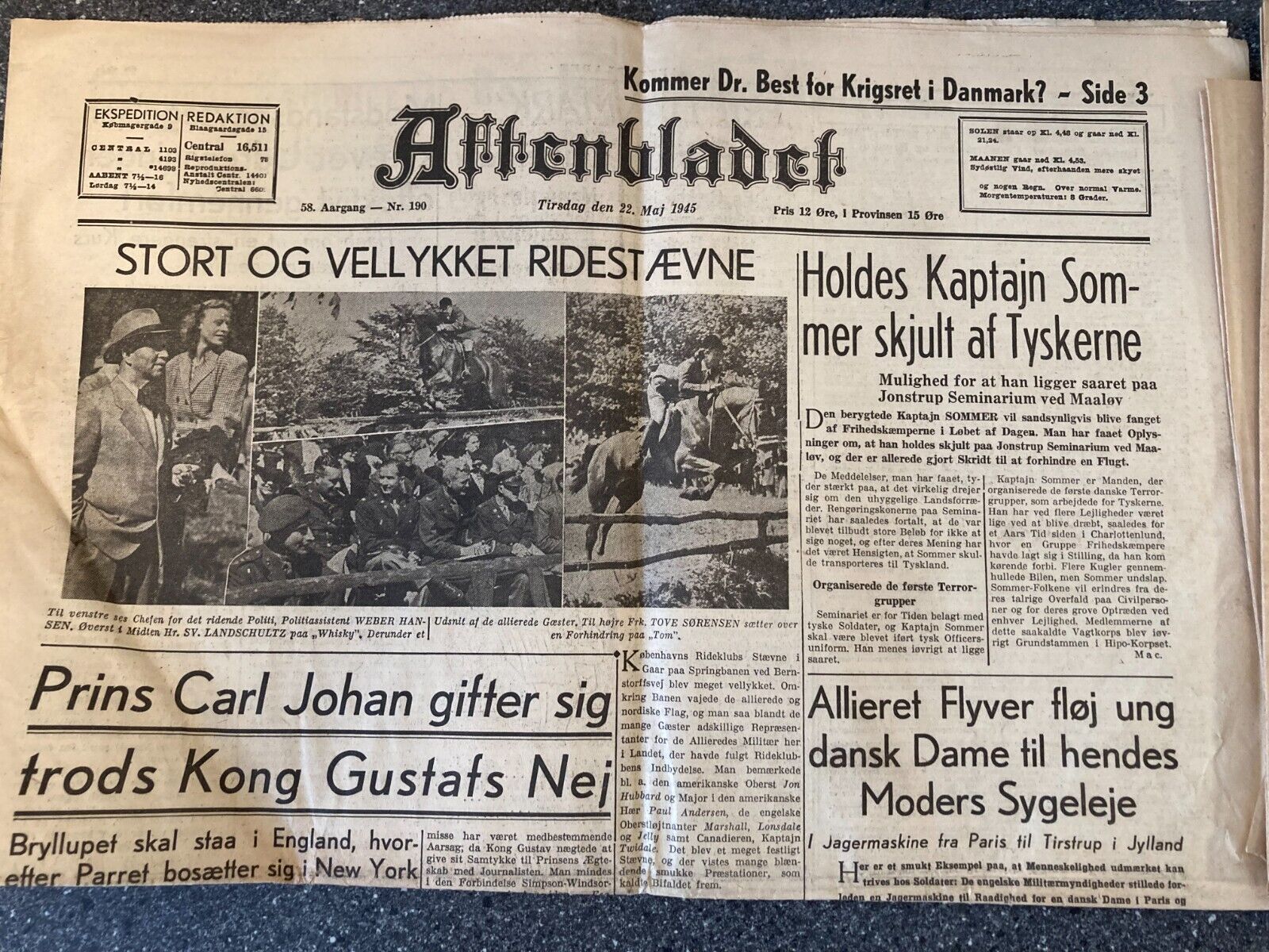 9x Pcs Danish WWII World War 2 Newspaper Lot - 1944 - "Aftenbladet" Denmark