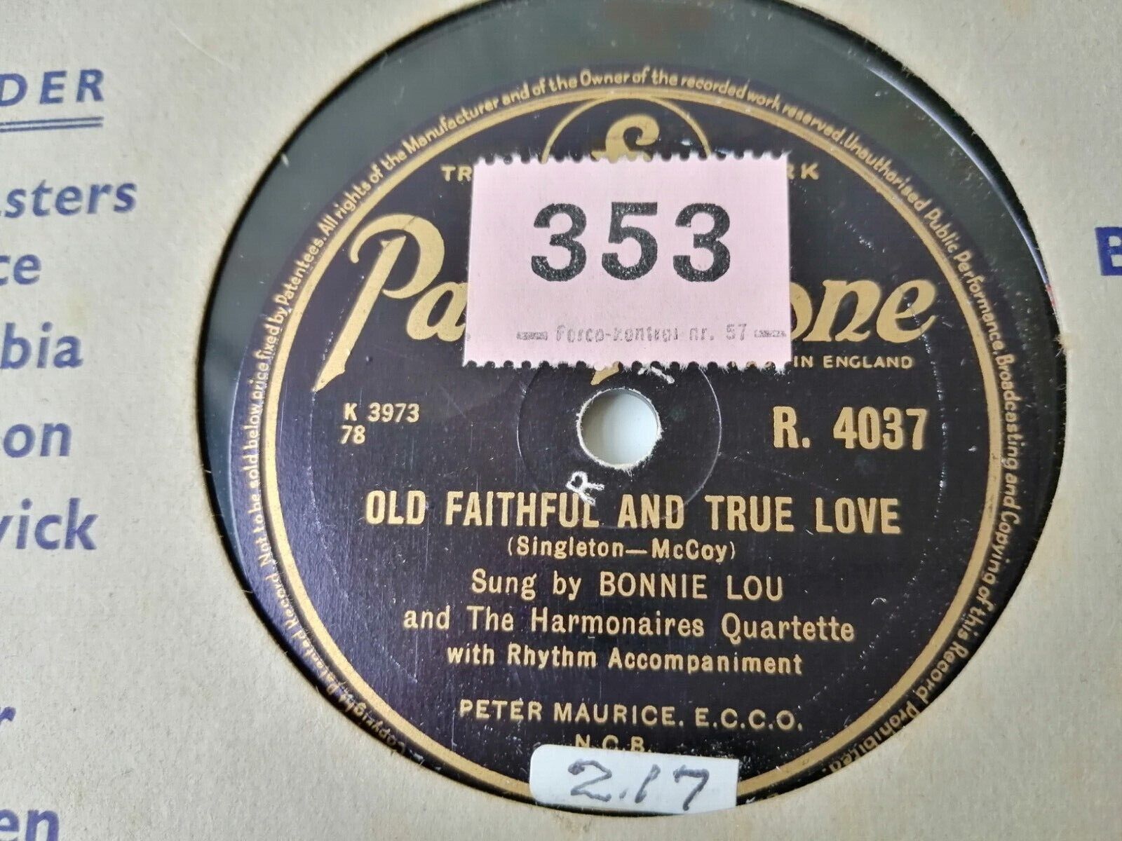 78 RPM  shellac BONNIE LOU:Old Faithful And True Love/Drop Me A LineParlophone