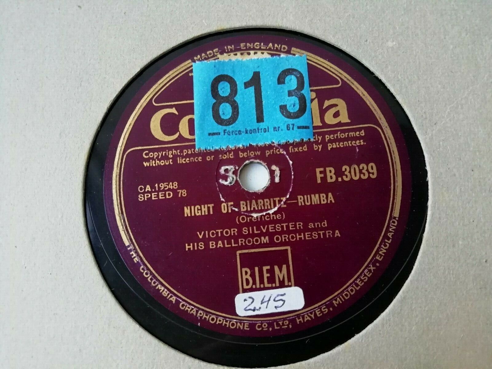 78rpm record:Victor Silvester and his ballroom stringsNight of Biarritz-Rumba