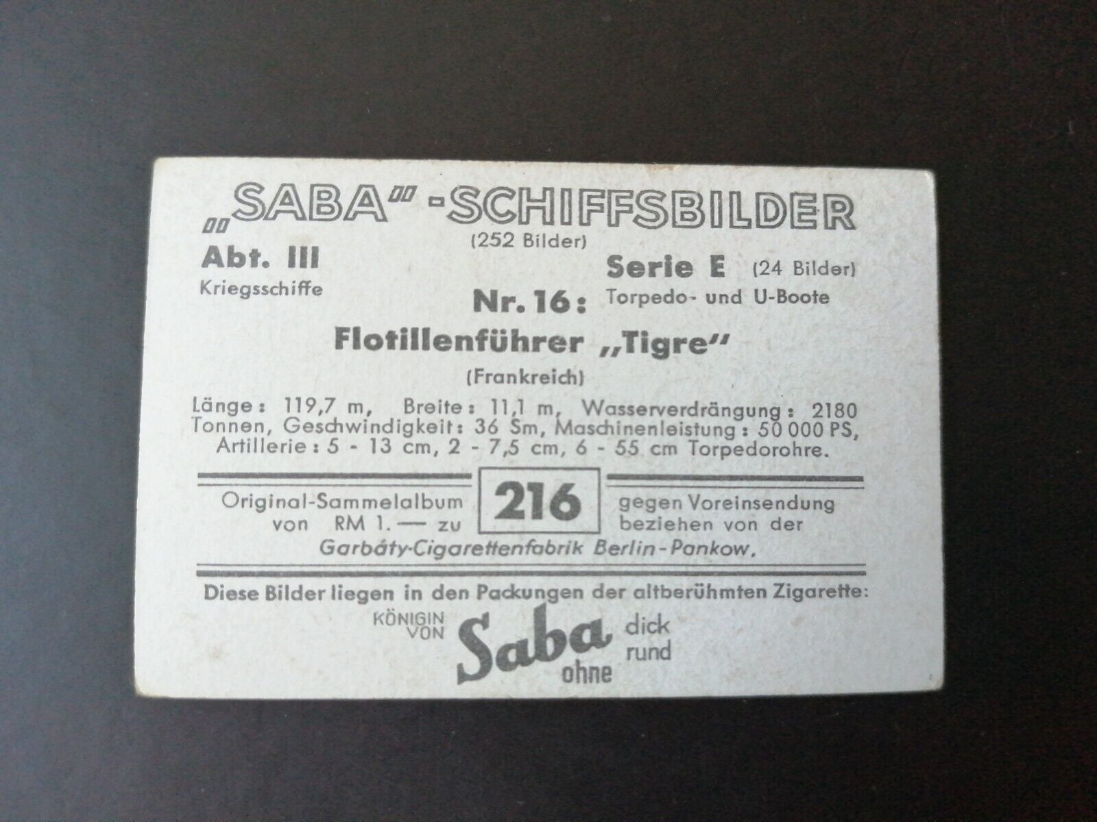 German SABA tobacco ship trading card 1931-33No 216"Tigre" France