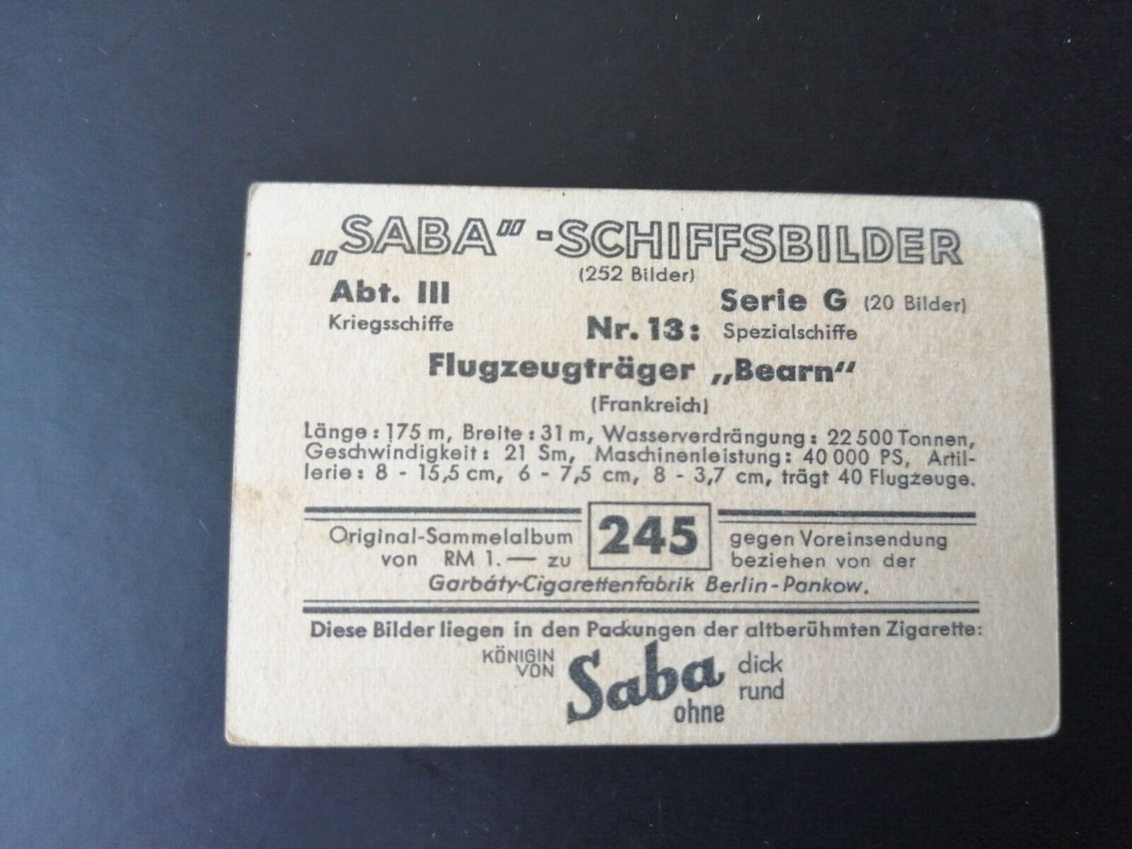 German SABA tobacco ship trading card 1931-33No 245 "Bearn" France