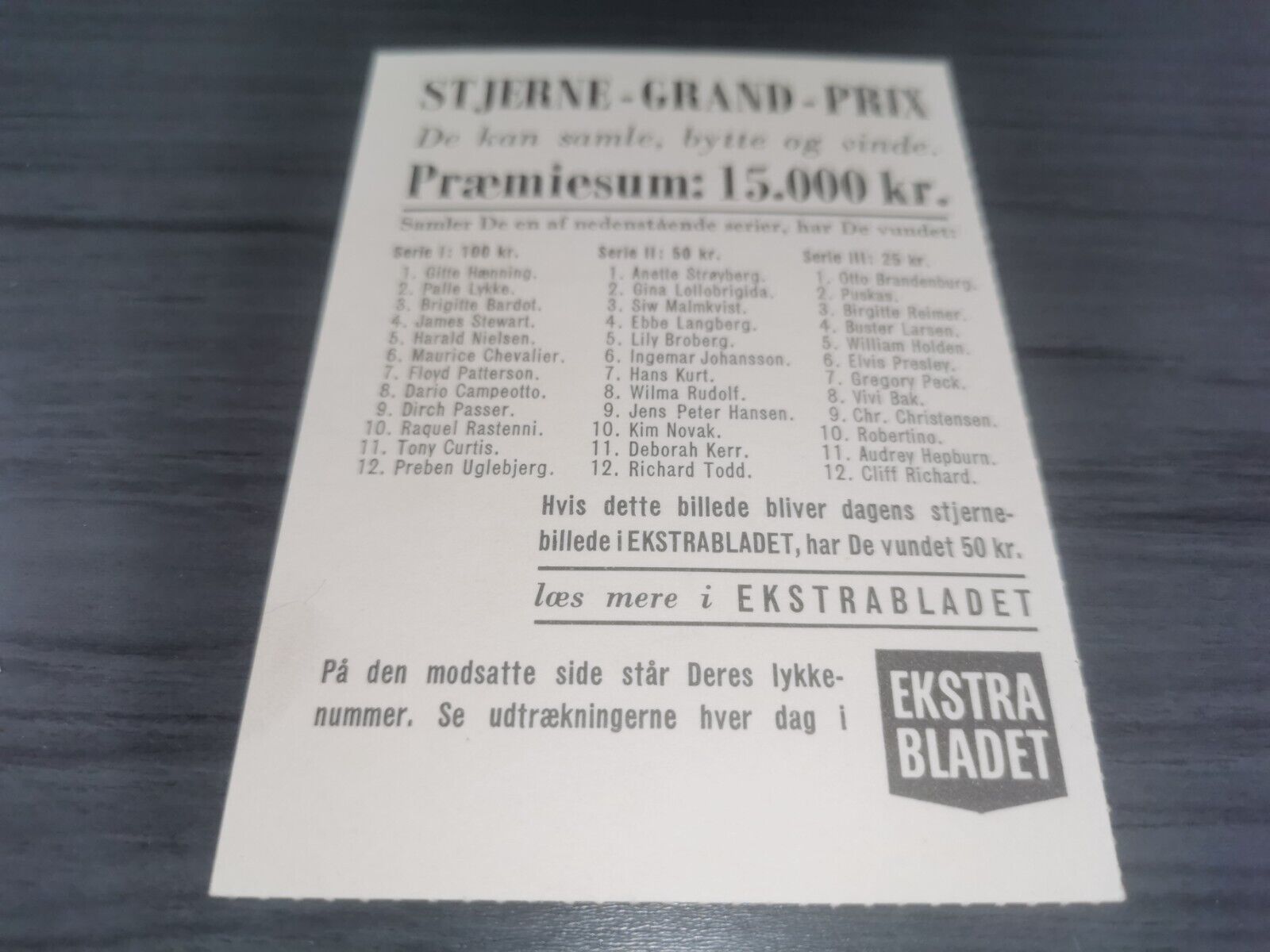 Marilyn Monroe 1963 Ekstra Bladet stjerne Grand Prix Card