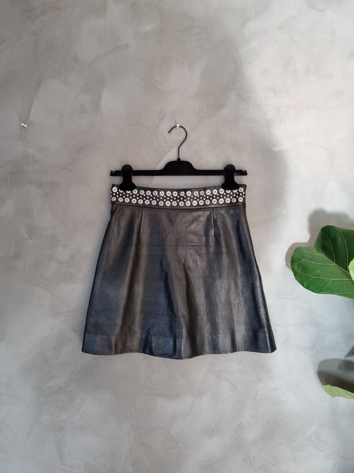 **MIU MIU** Black Leather Studded A-Line Mini Skirt IT40 DE36