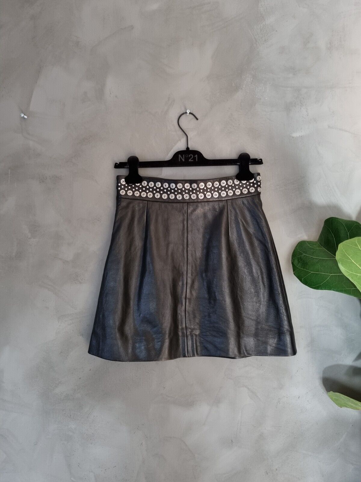 **MIU MIU** Black Leather Studded A-Line Mini Skirt IT40 DE36