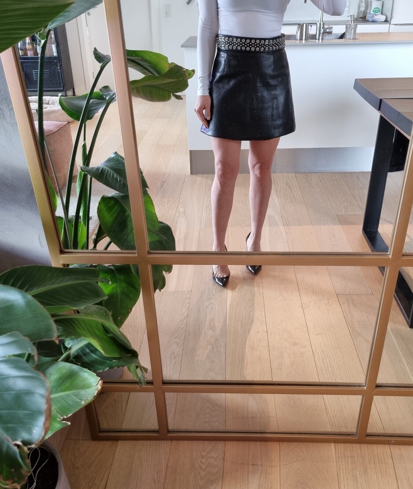 **MIU MIU** Black Leather Studded A-Line Mini Skirt IT40 DE36