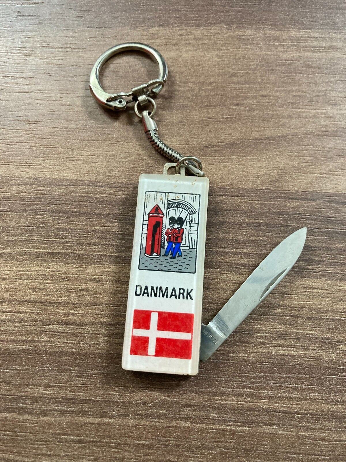 Vintage Denmark Flag Pocket Knife Keychain with Soldier Design - 1980s Retro!