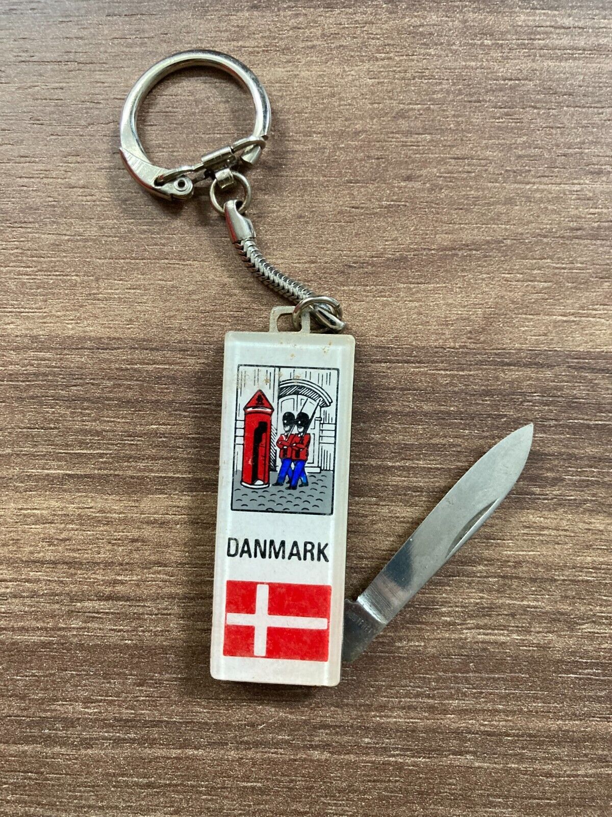 Vintage Denmark Flag Pocket Knife Keychain with Soldier Design - 1980s Retro!