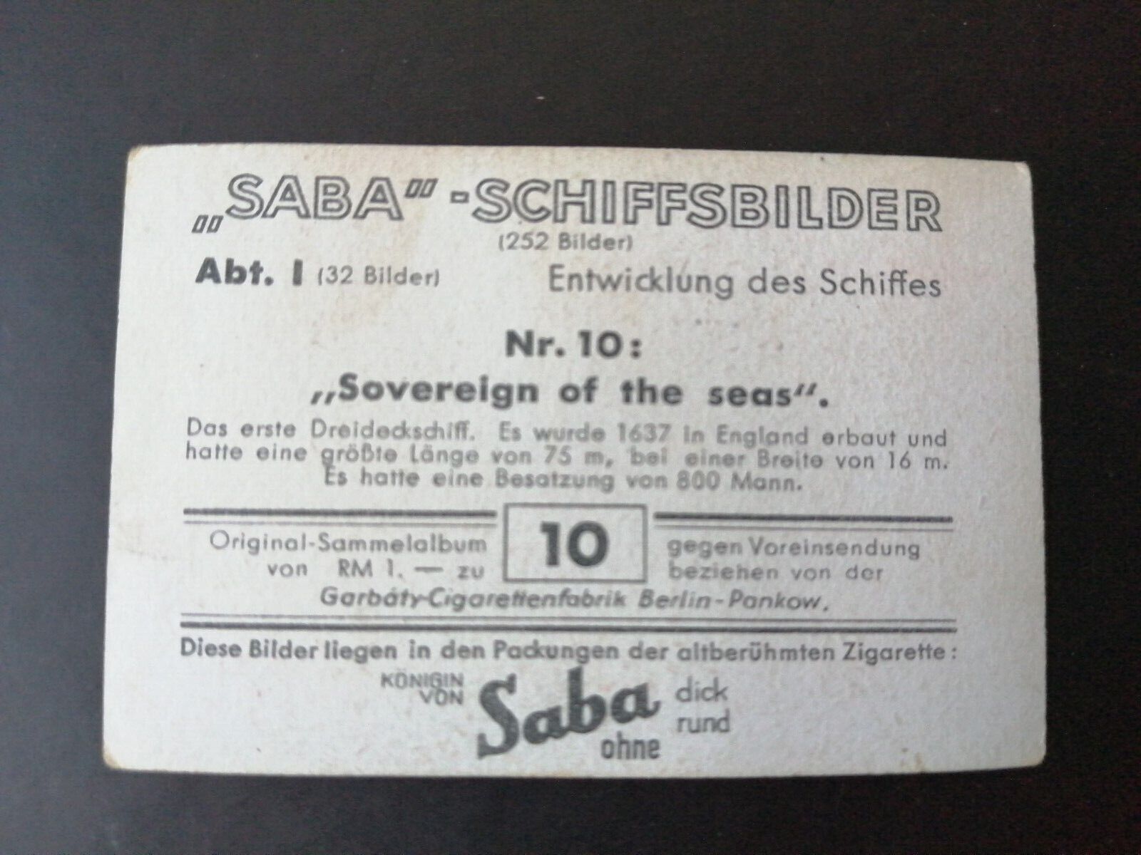 German SABA tobacco ship trading card 1931-33No 10 " Sovereign of the seas"