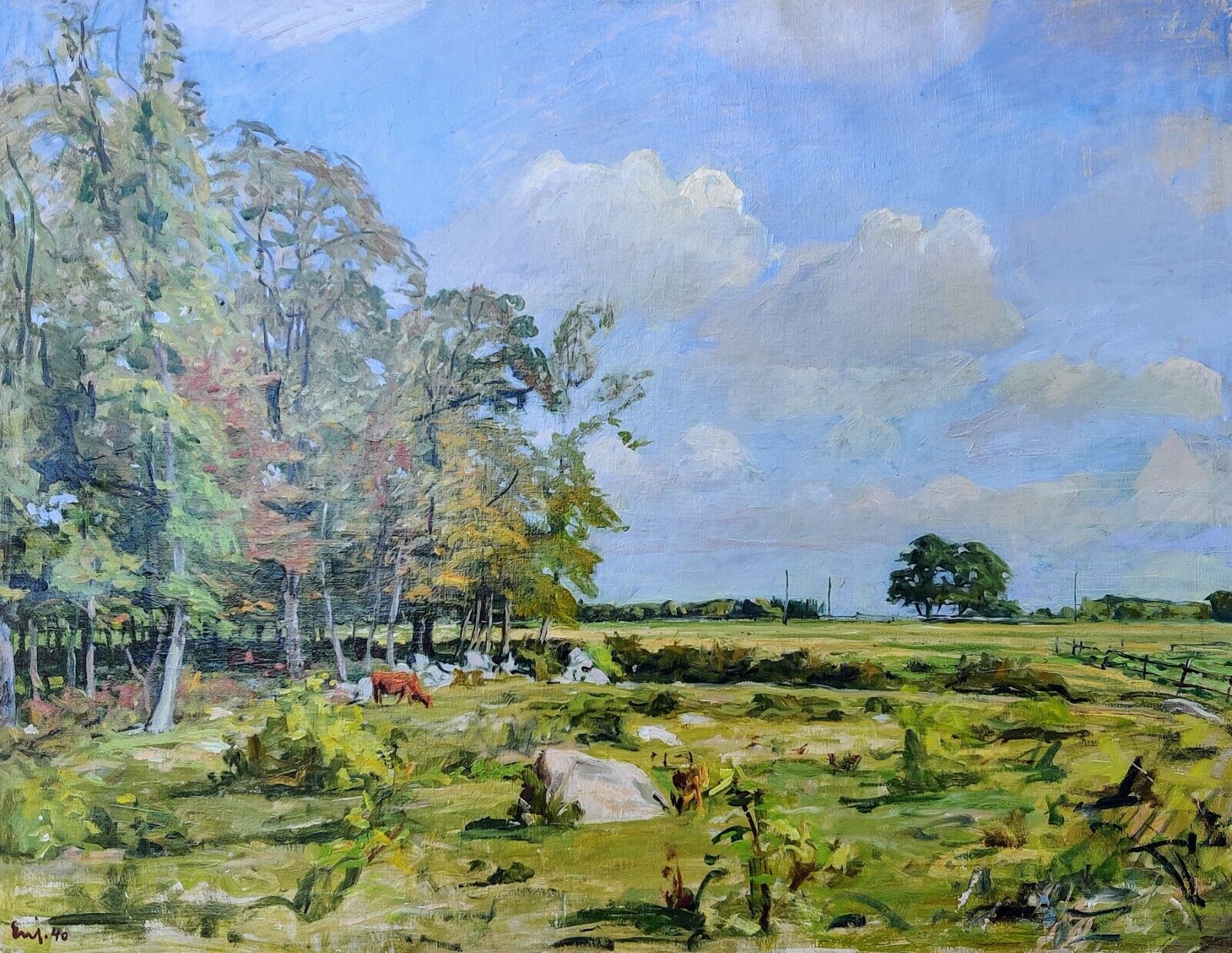 Erik William Johnsen (1886-1948): OPEN LANDSCAPE, FOREST EDGE, COWS