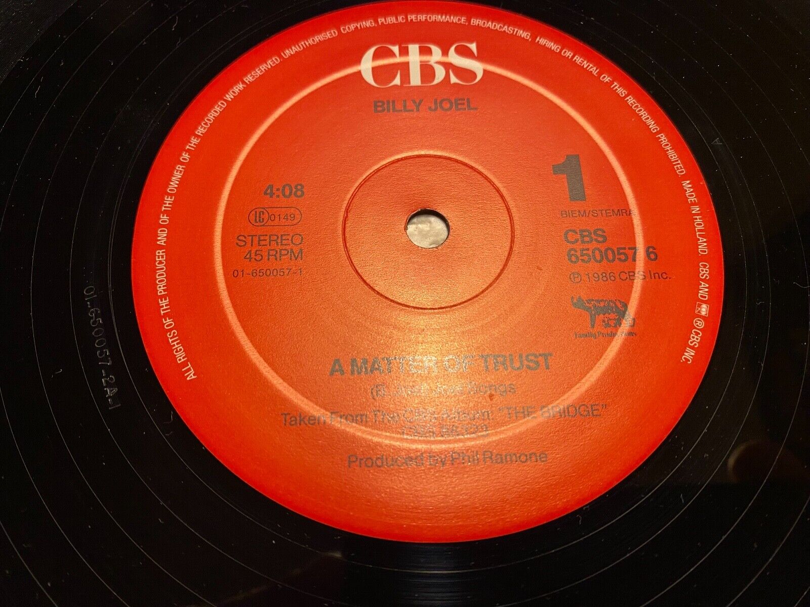 BILLY JOEL"A MATTER OF TRUST/GETTING CLOSER" CBS RECORDS 1986 DUTCH PRESS 45 RPM