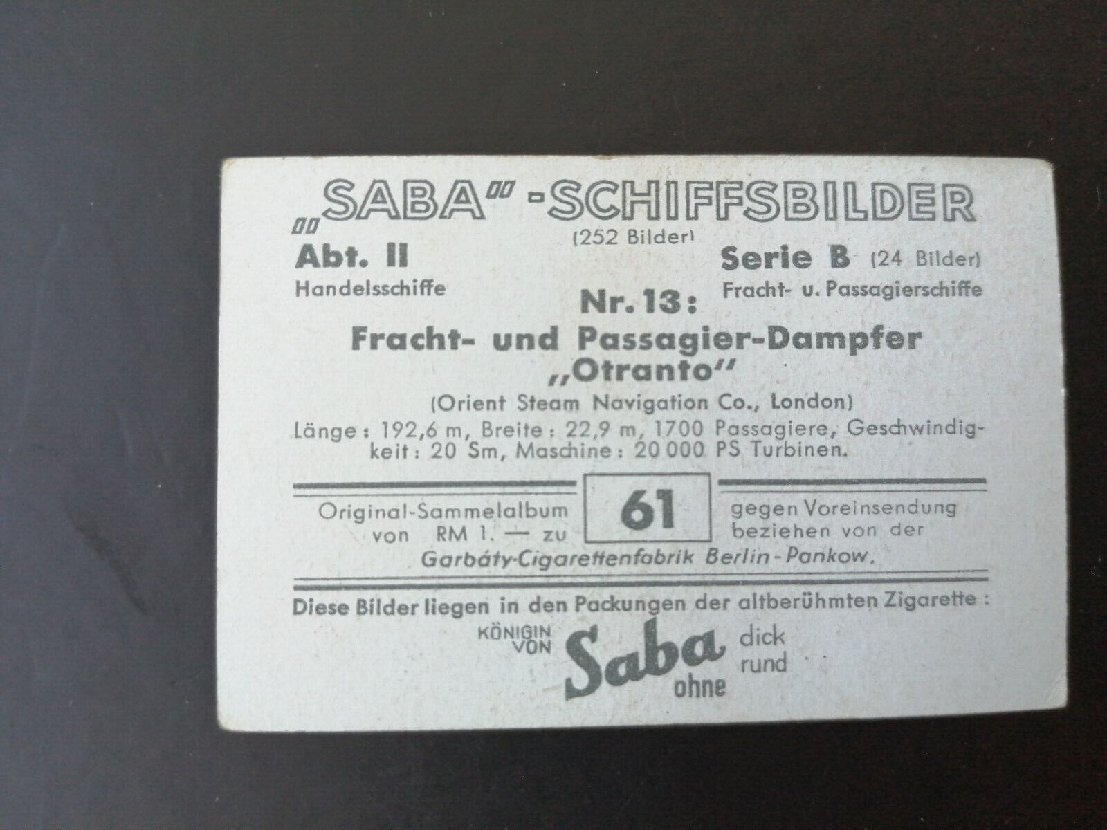 German SABA tobacco ship trading card 1931-33No 61 "Otranto" London