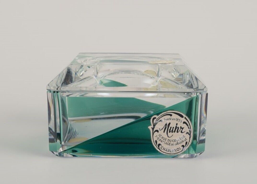 Val St Lambert Belgium Lidded box in art glass Faceted clear and green glass