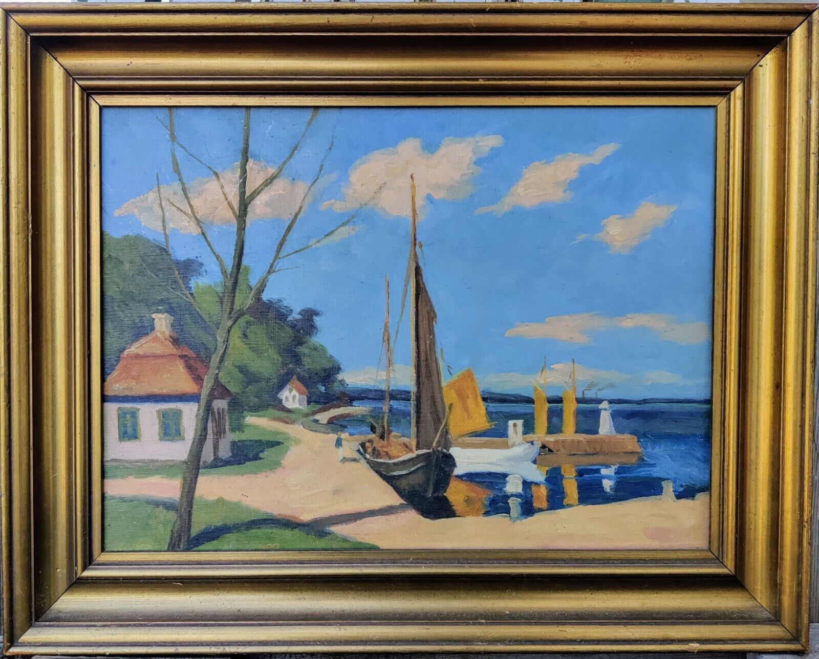 COASTAL LANDSCAPE WITH SAILBOAT original oil painting