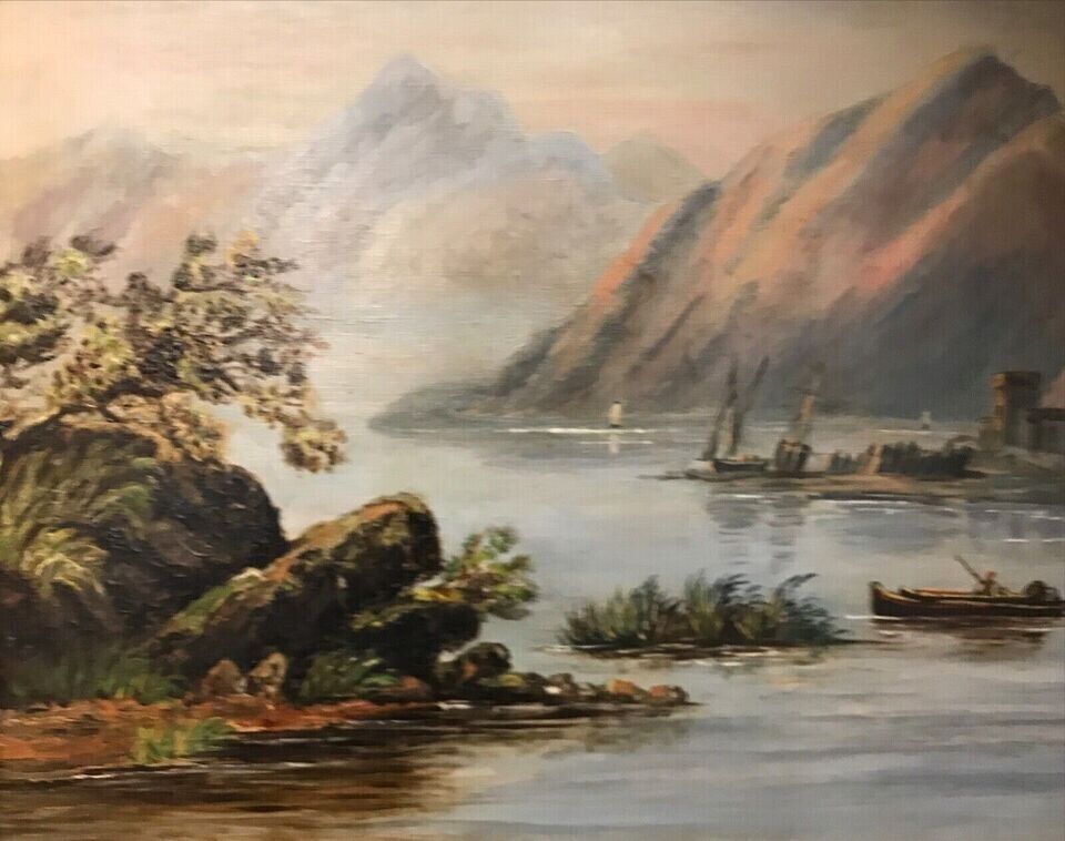 BOAT ON A MOUNTAIN LAKE Antique oil painting Beautiful frame