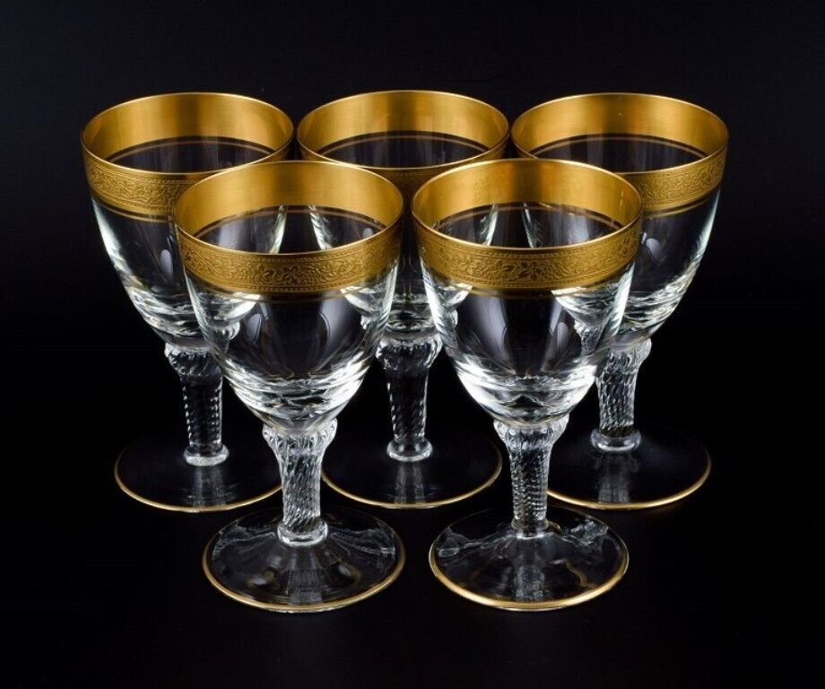 Rimpler Kristall Zwiesel Germany Five crystal white wine glasses with gold rim