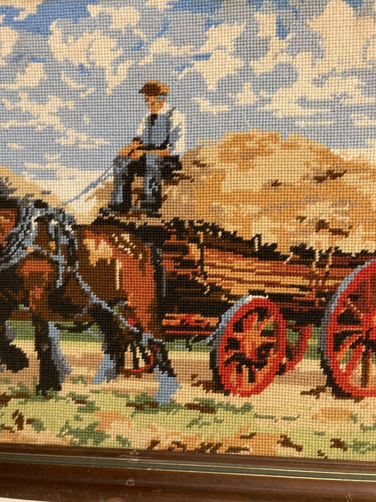 Danish Cross-Stitch Artwork Farmer with Horses Harvest Scene W82cm L44 Framed