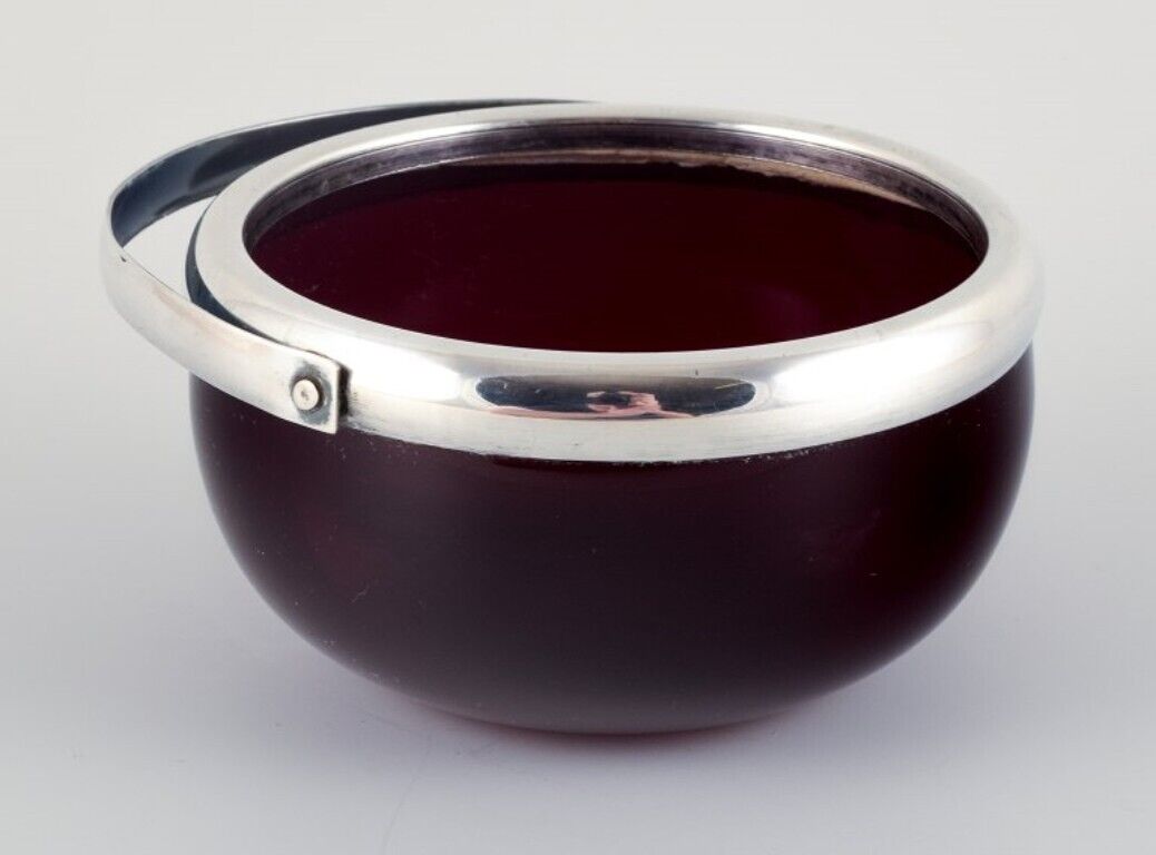 Danish sugar bowl in burgundy glass with silver mounting and handle 1920/30s