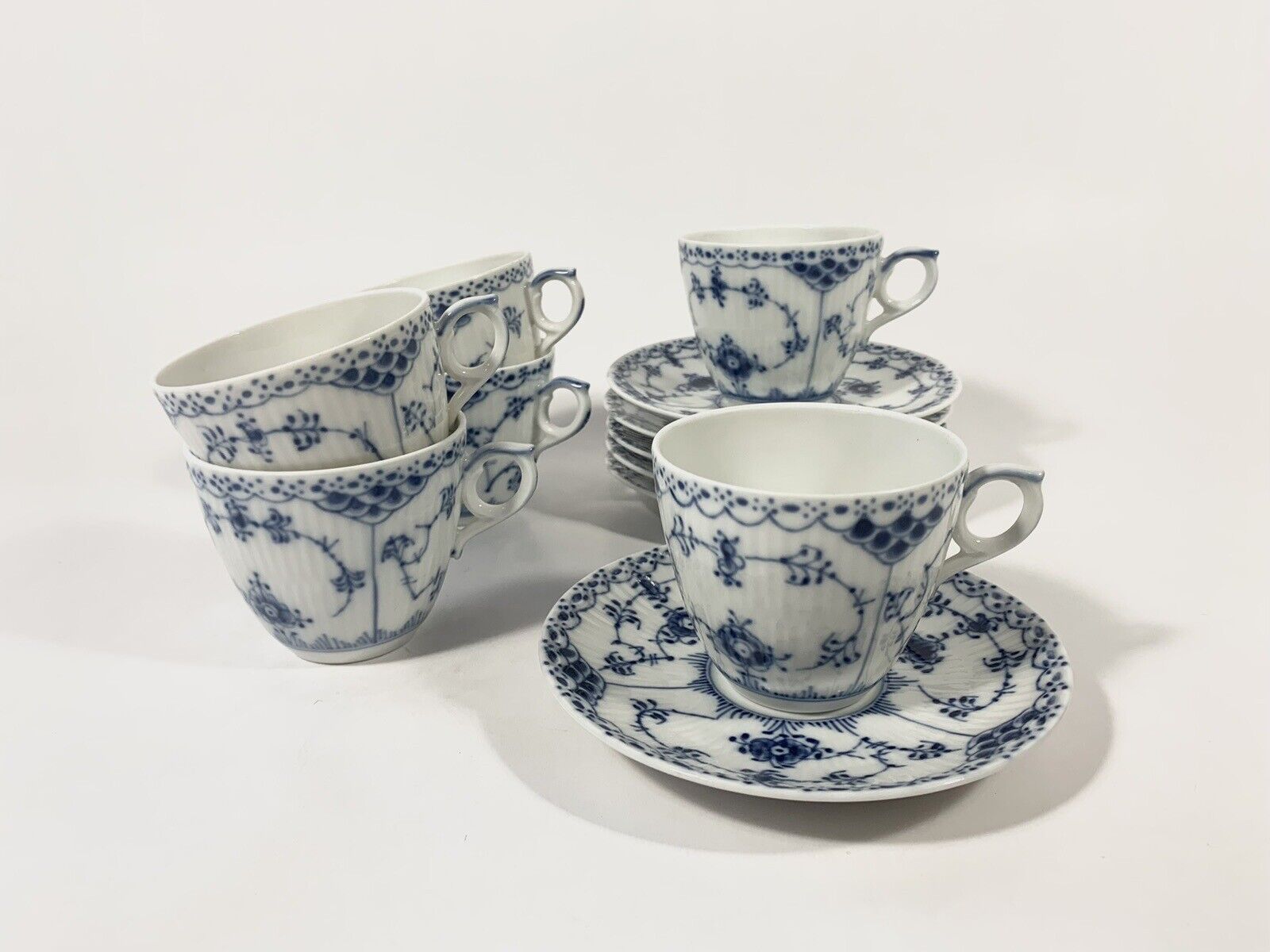 6x Royal Copenhagen Blue Fluted Half Lace  719 Coffee Cups  Saucers Set