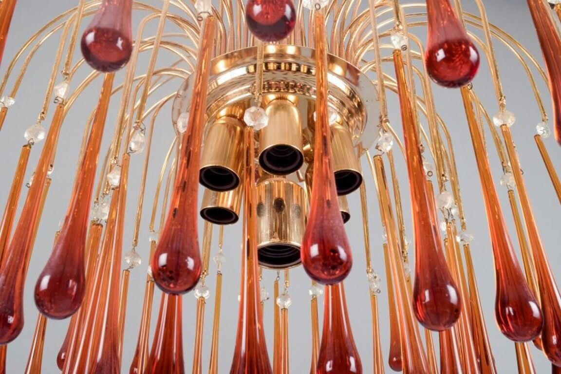 Murano Italy Large ceiling lamp in amber mouth-blown art glass brass frame