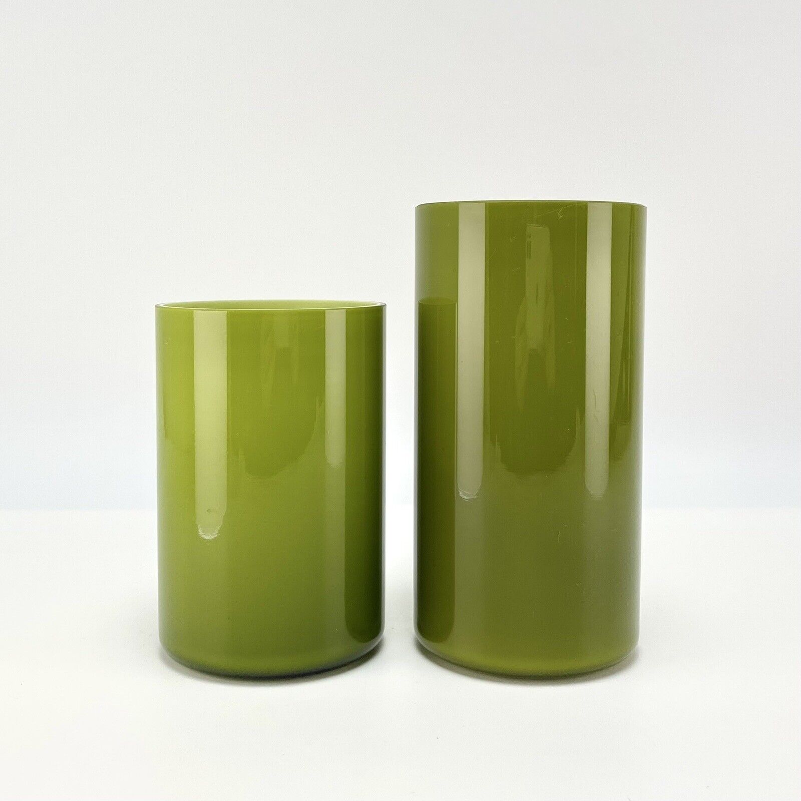 Pair Norwegian Vintage MCM Owe Elven Orrefors Candleholders Votive Green Glass