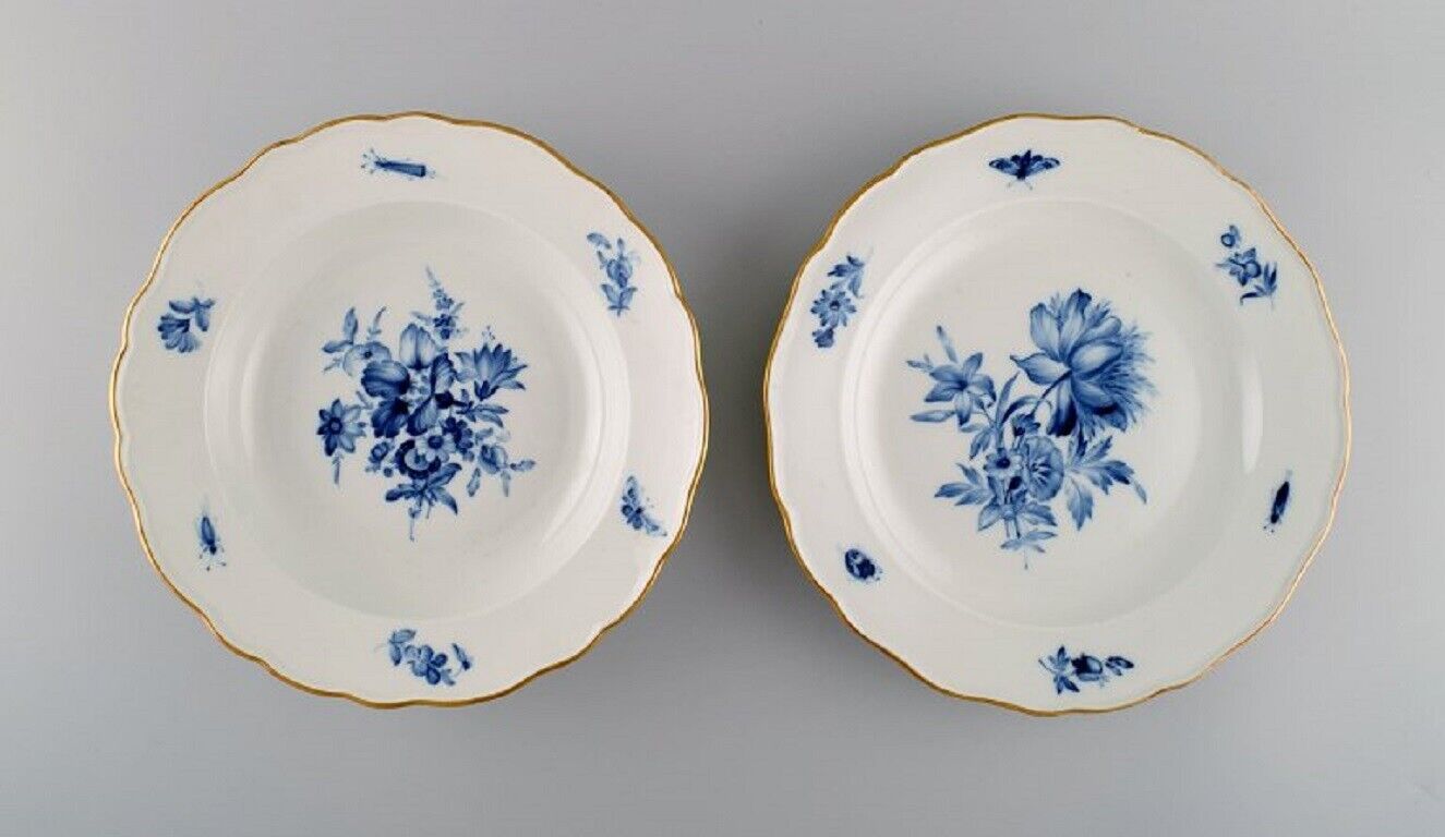 Two antique Meissen porcelain plates with hand-painted flowers and gold edge