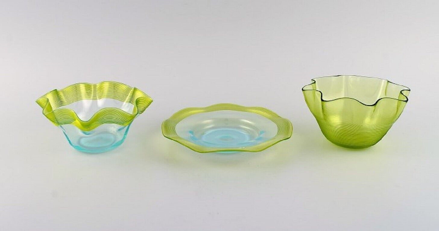 Scandinavian glass artist Plate and two bowls in mouth-blown art glass