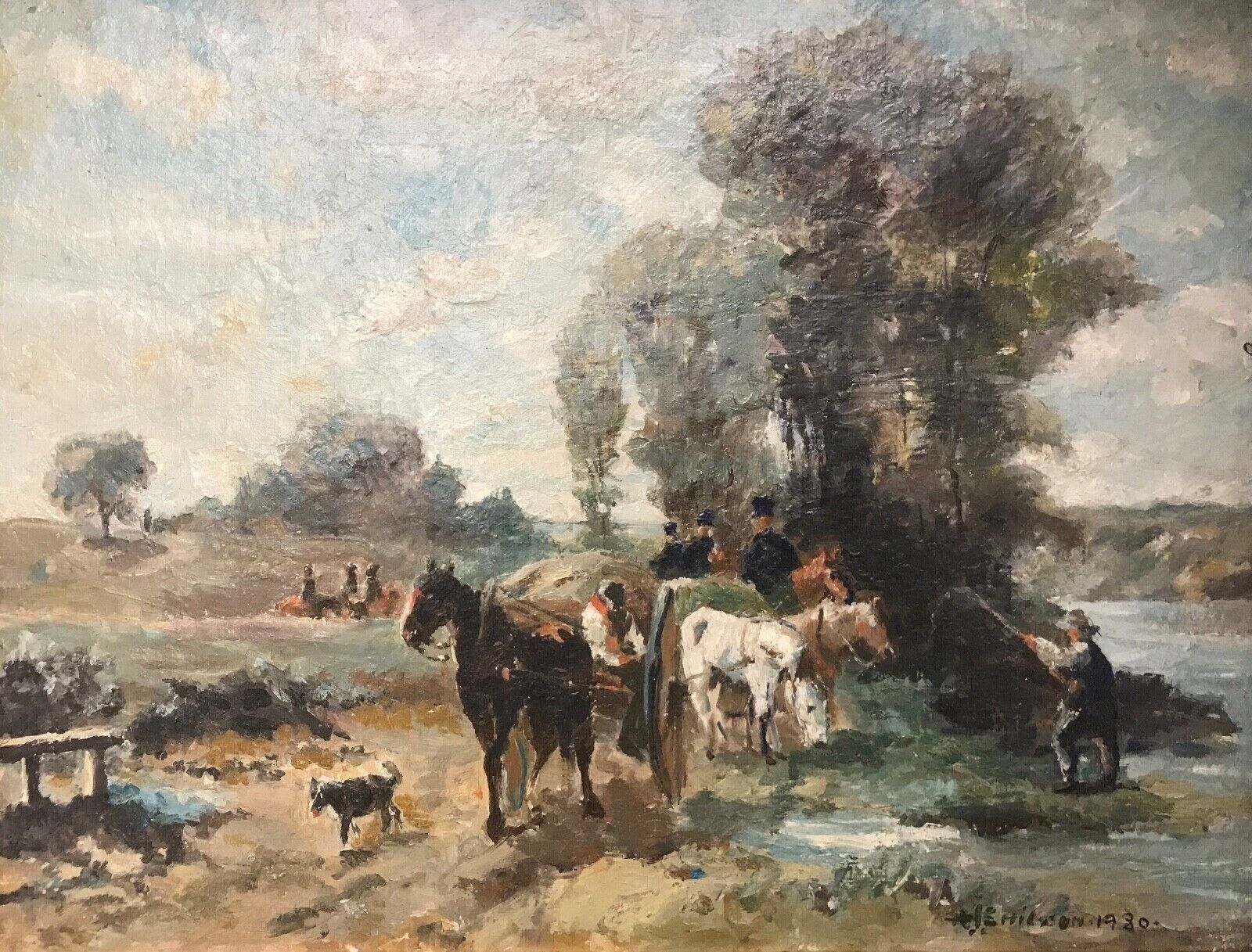 HORSES  AND DOGS AT WATERING PLACE Original oil painting Dated 1980