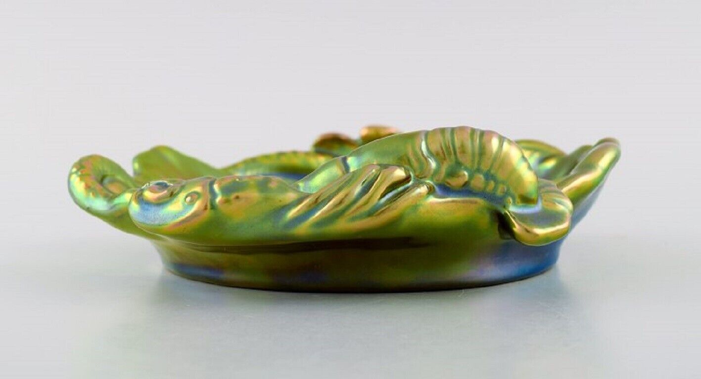 Zsolnay bowl in glazed stoneware modeled with crayfish Beautiful eozin glaze