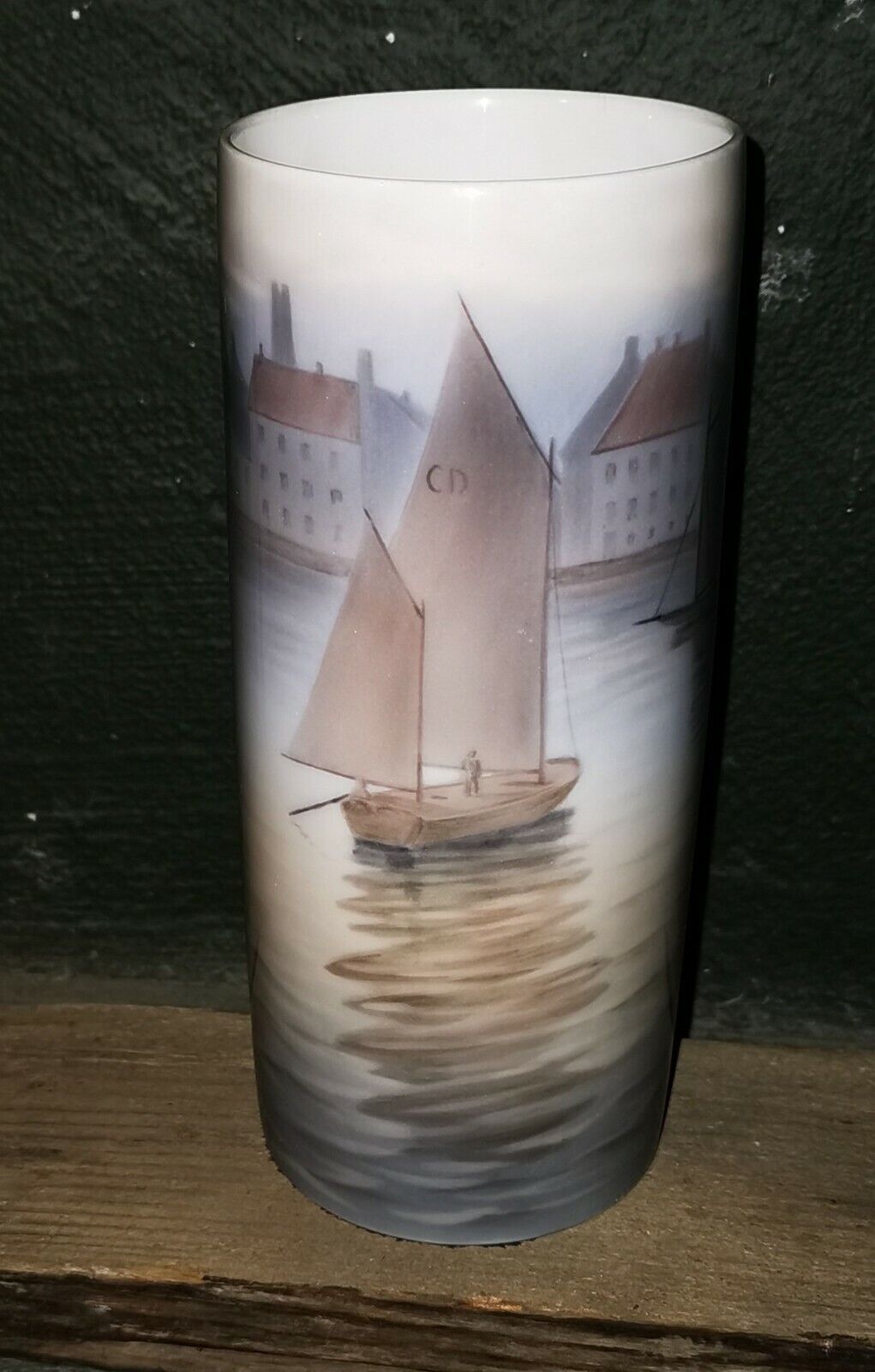 Vintage cylindrical BG porcelain vase with Copenhagen Harbor motif c 1920