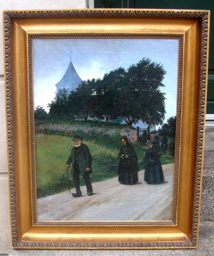 Alfred Larsen (1860) Return From Church Rare exhibition oil from 1888