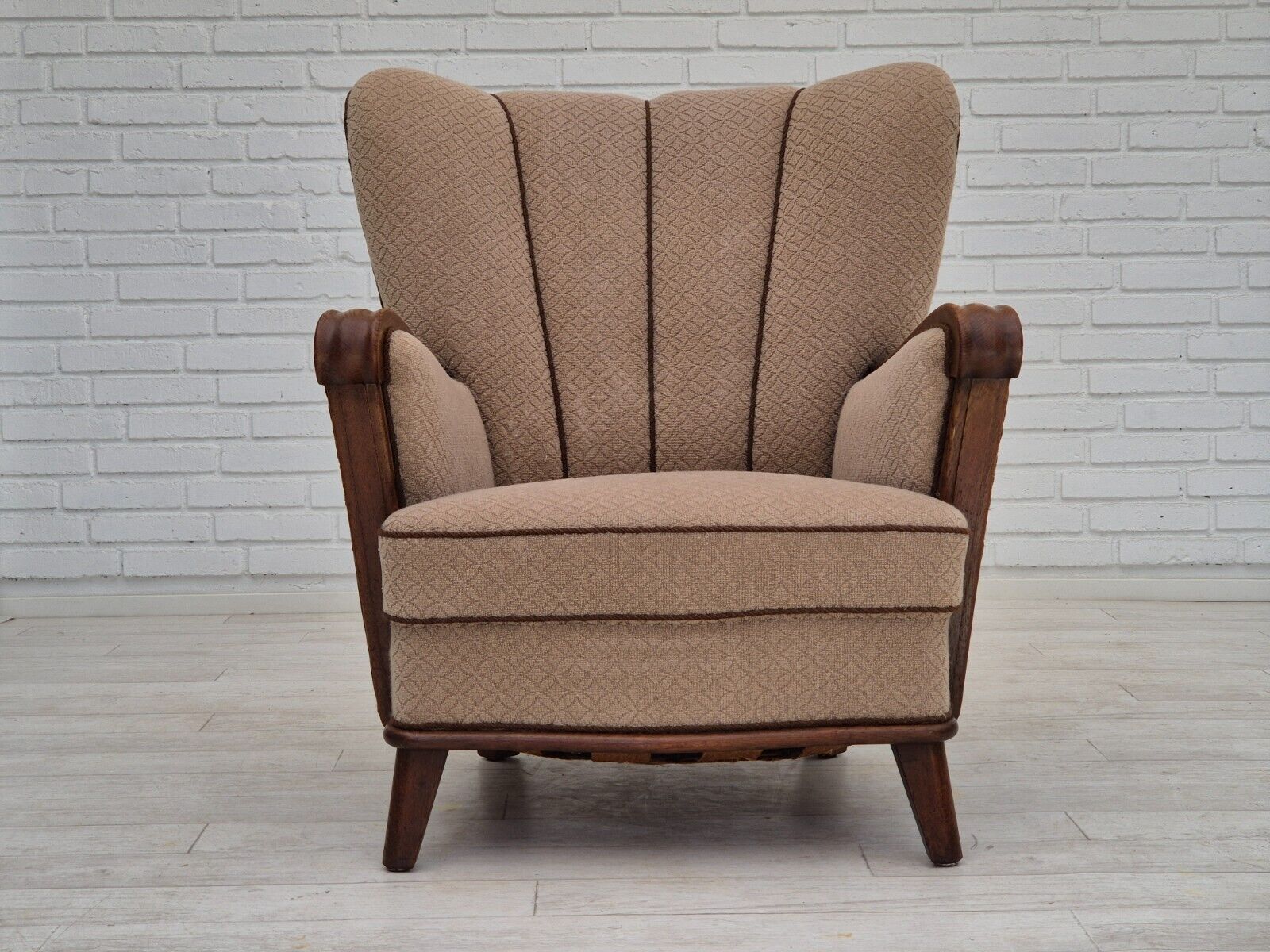 1950s Danish vintage armchair light brown cotton/wool oak wood