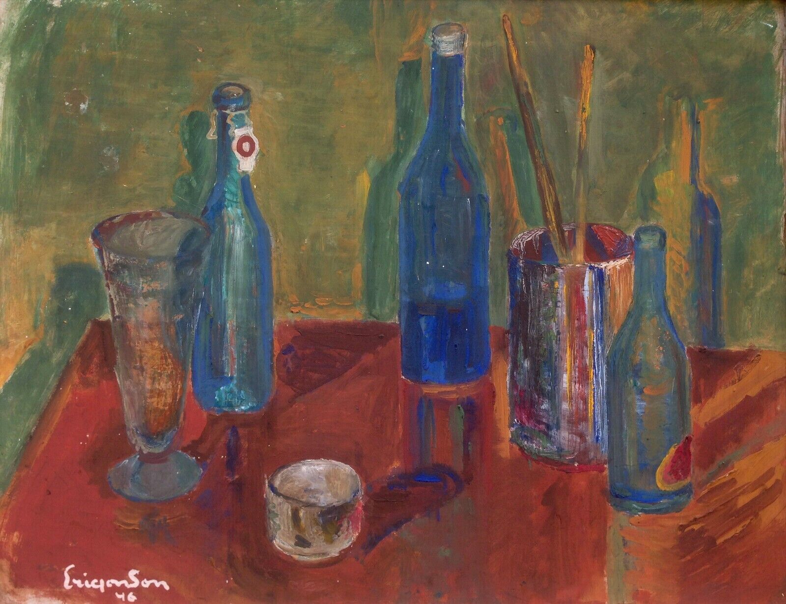 Blue bottles on the table Dated 1946