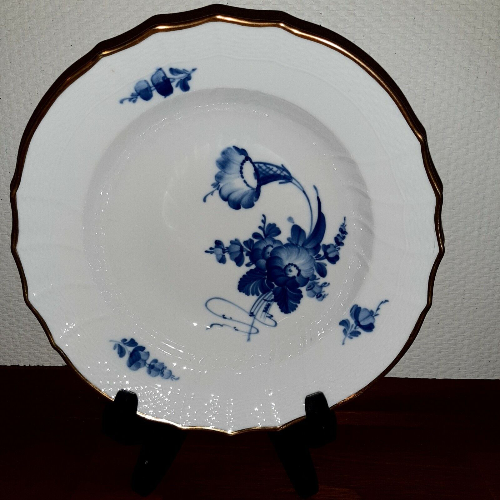 2 Soup Plates/ Bowls BLUE FLOWER Curved w Gold  # 10-1616 Royal Copenhagen 1st