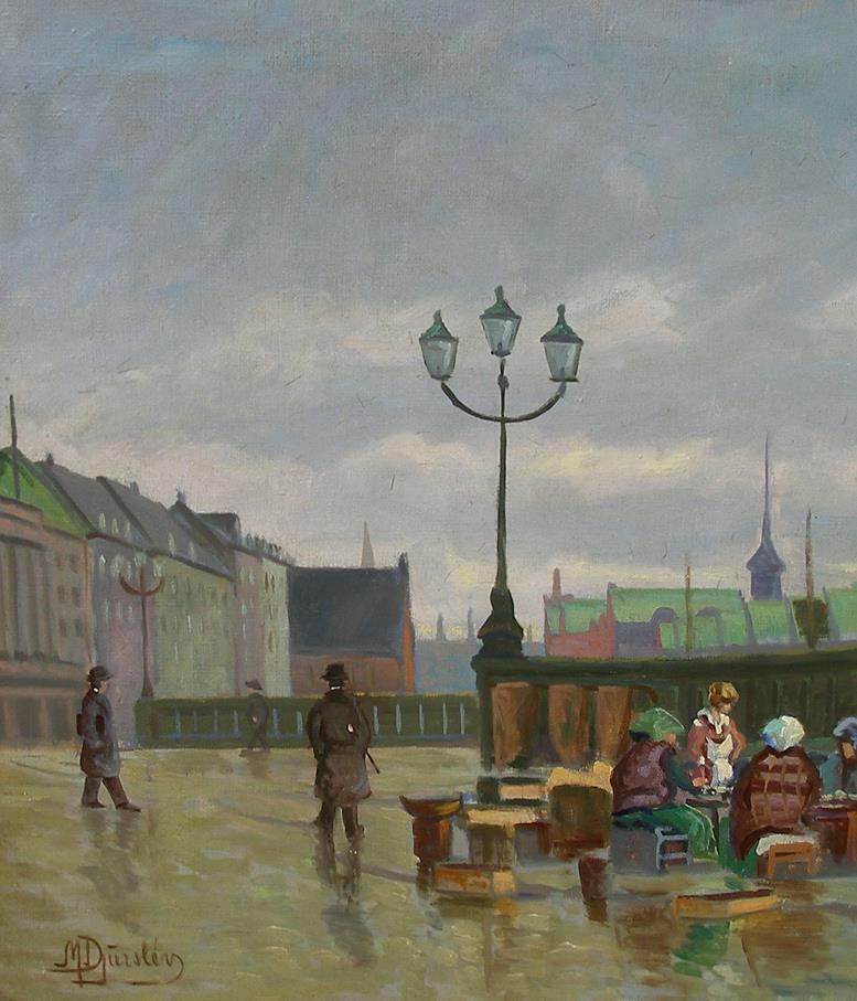 Fine oil A rainy day at the Fish market in Copenhagen 1930s Signed