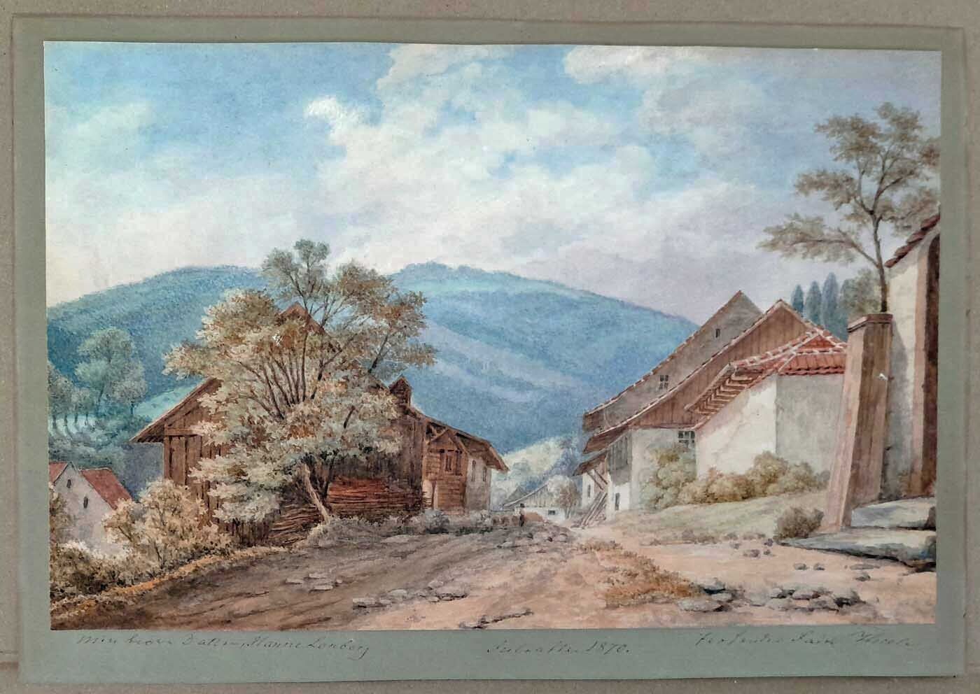 Antique watercolor Mountain village Dedication Christmas 1870 J M Thiele