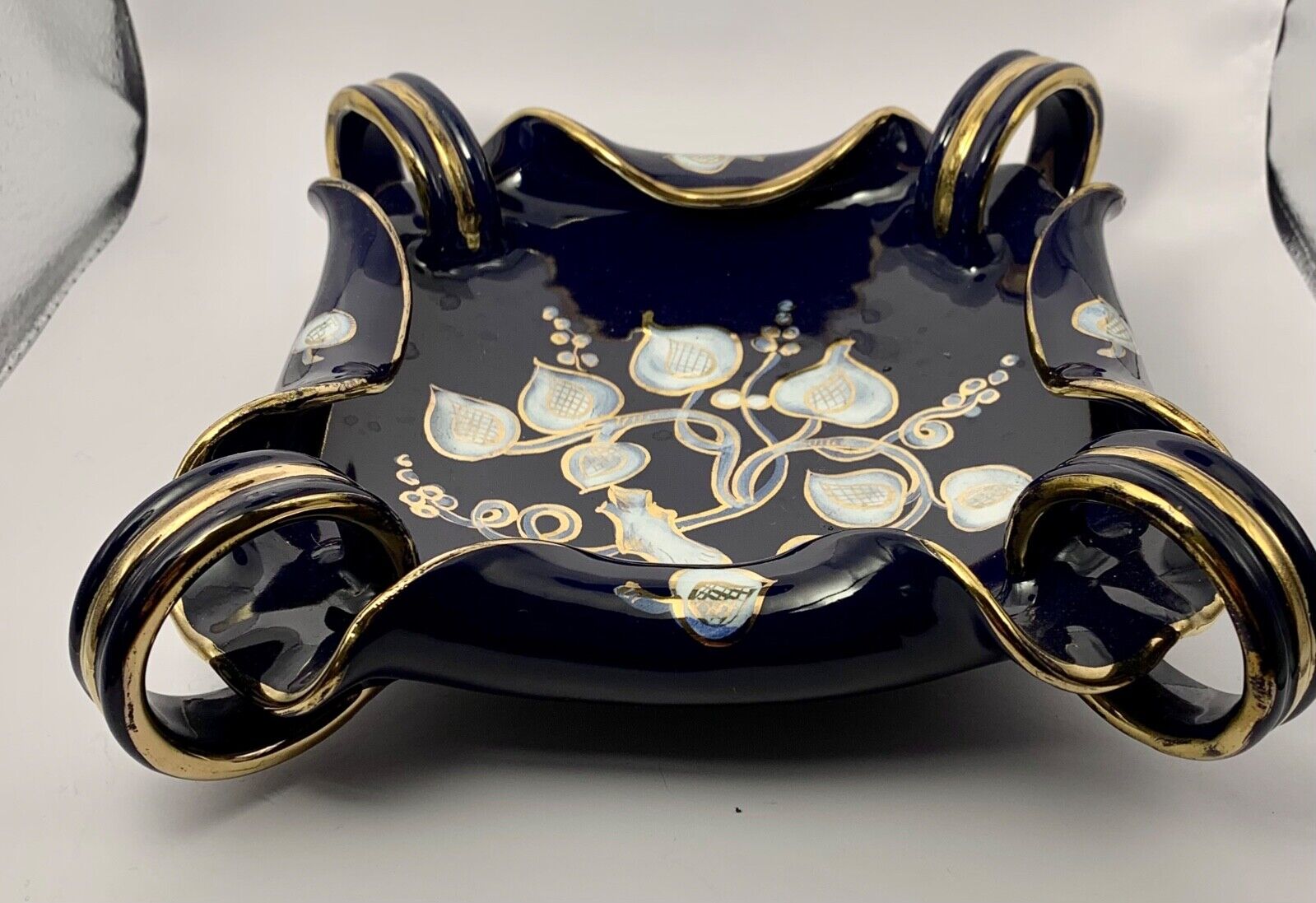 Vintage Mica Italy hand painted porcelain dish cobalt blue  gold 6x17cm