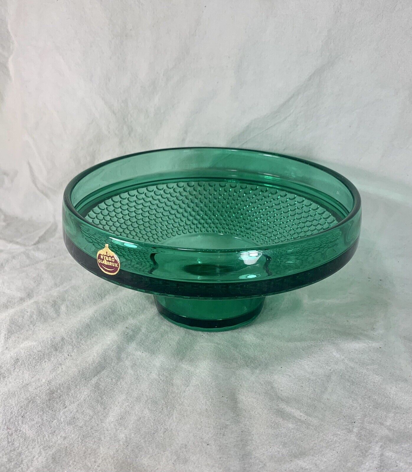 Vintage Nybro Glasbruk green dotted glass pillar candle holder 8x17cm Sweden