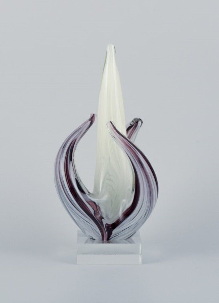 Murano Italy art glass sculpture in purple and white glass