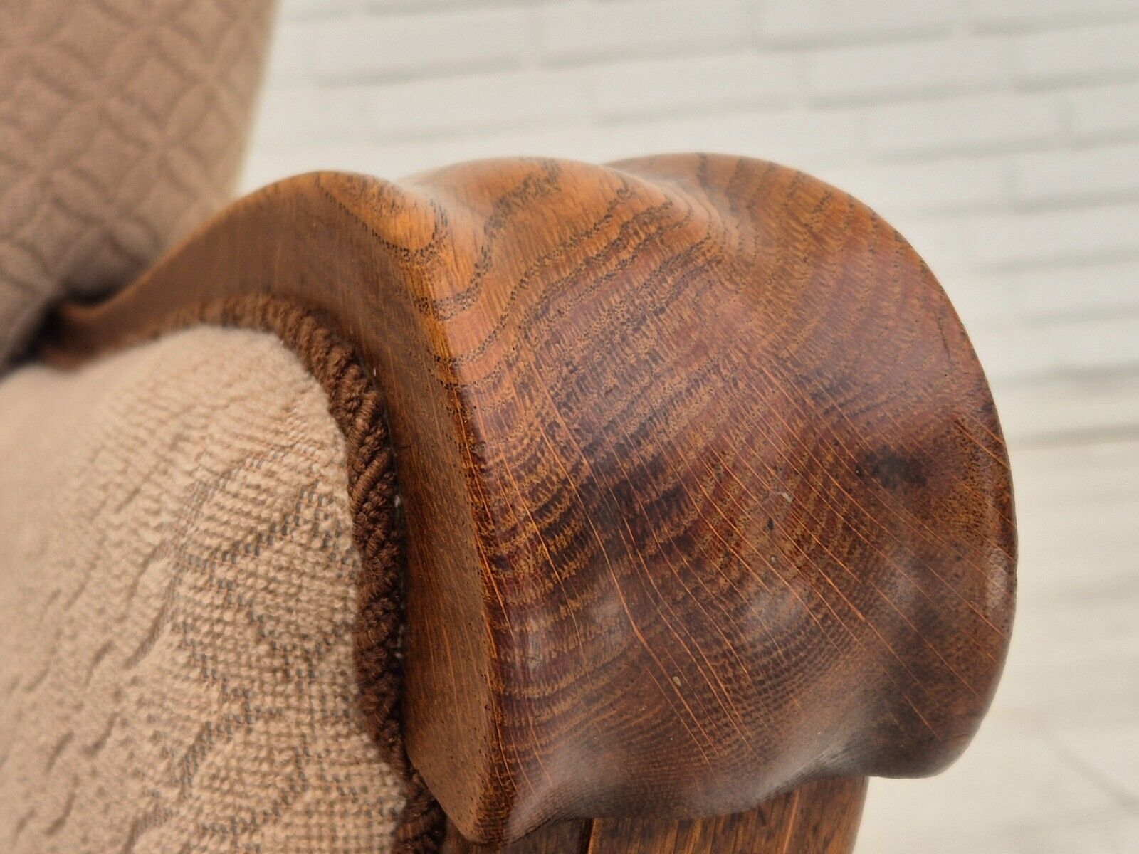 1950s Danish vintage armchair light brown cotton/wool oak wood