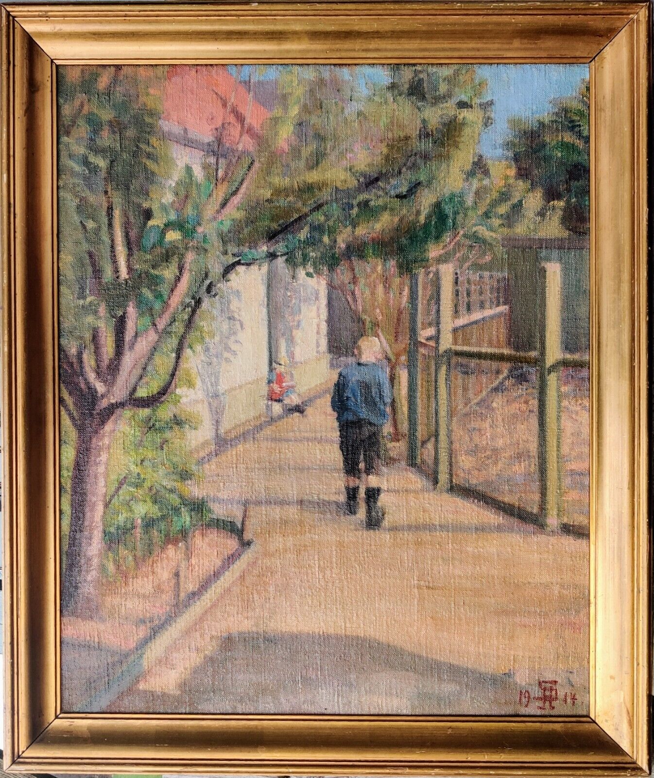 CHILDREN IN BACKYARD original oil dated 1914