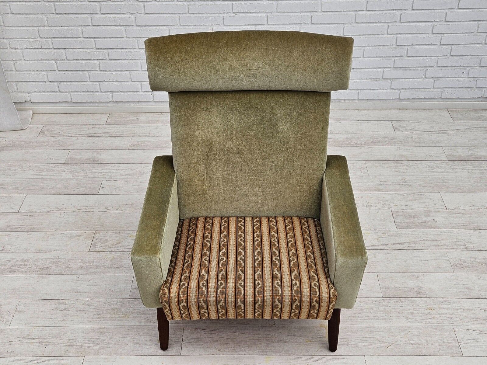 1970s Danish armchair original condition furniture velour woven wool fabric