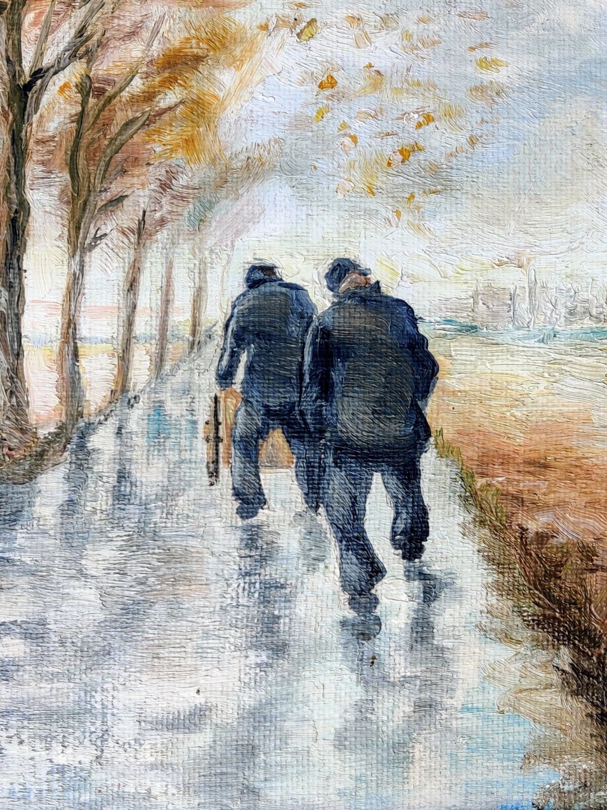 TWO WORKERS ON AUTUMN ROAD original oil painting low shipping!!